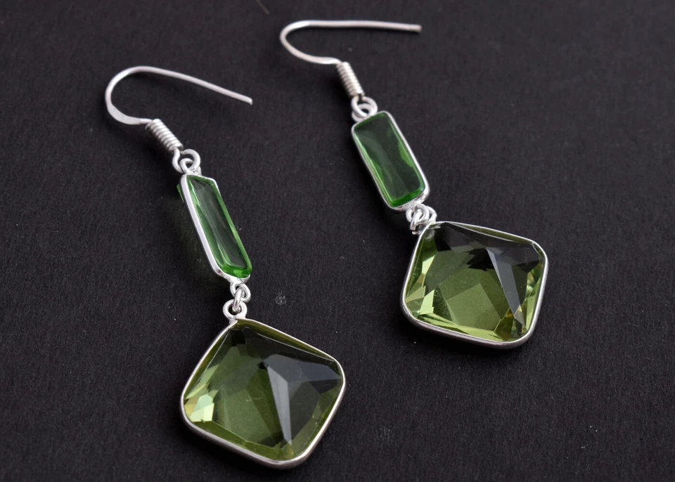 Sterling Silver Simulated Peridot Square Shape silver/Gold/Rose Plated Earrings - Image 2 of 4