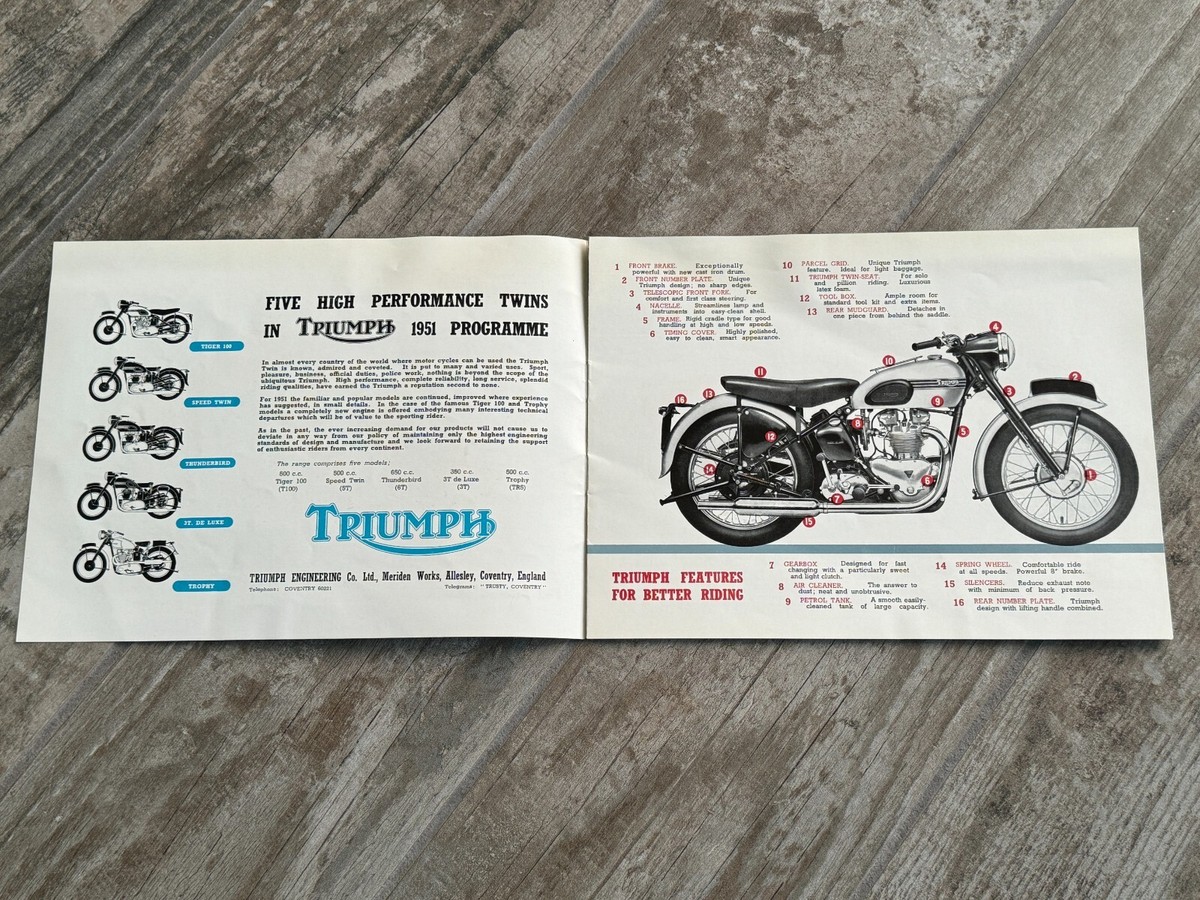 Vintage 1951 TRIUMPH Motorcycle Brochure Tiger 100/SpeedTwin