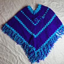Shawl Wrap Poncho Women's Crocheted Granny Square Homemade Blue and Purple