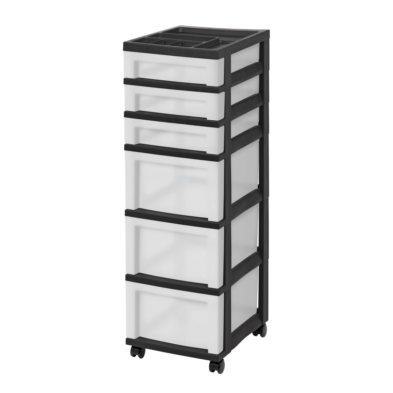6-Drawer Plastic Storage Cart with Organizer Top and Wheels, Clear/Black-image
