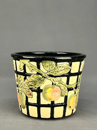 Weller Pottery Rosemont Black & White 7 1/4" Planter Jardiniere  w/ Apples 1920s