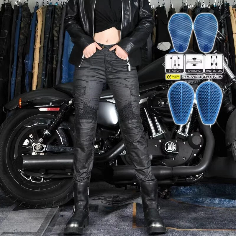 Waterproof Women Motorcycle Coated Riding Protective Pants Retro Racing Jeans - Image 3 of 4