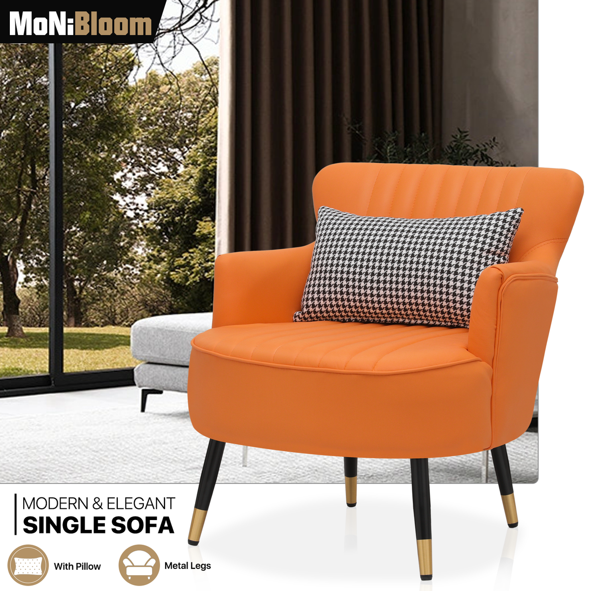 Accent Chair Orange PU Leather Single Sofa Upholstered Armchair w/Lumbar  Support
