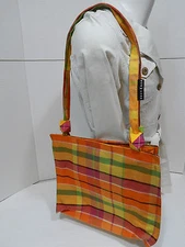 Sun N Sand Purse Plaid Canvas Multi Color Beads on Handles