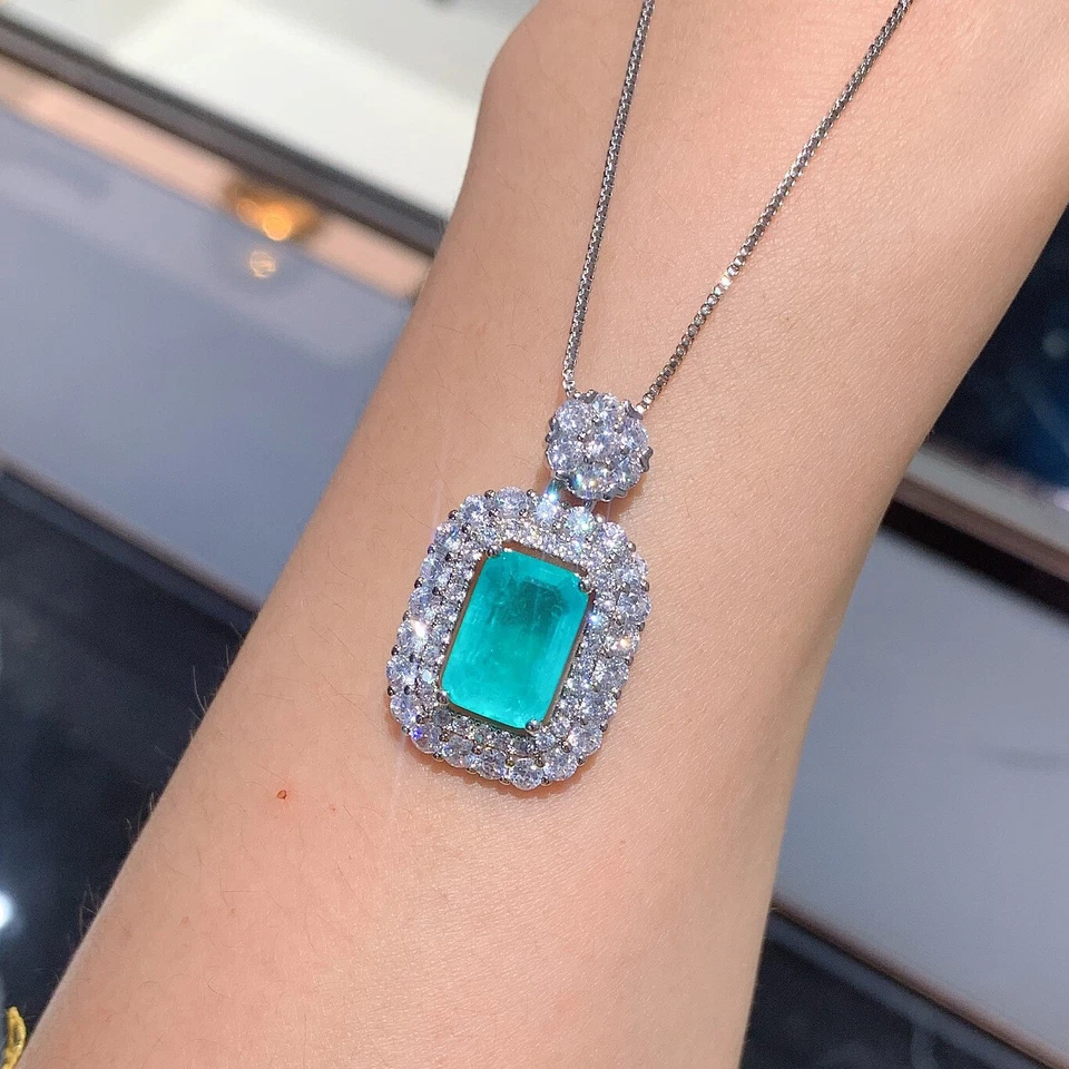 New 2pc Women Jewelry Set Neon Blue Tourmaline Silver Necklace Pendants Rings - Image 3 of 4