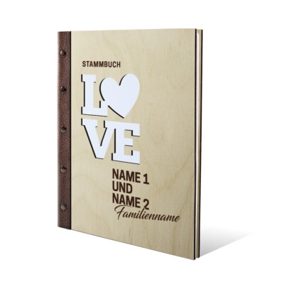 Personalisiertes Stammbuch Birkensperrholz Leder DIN A4 mit Extras - Love