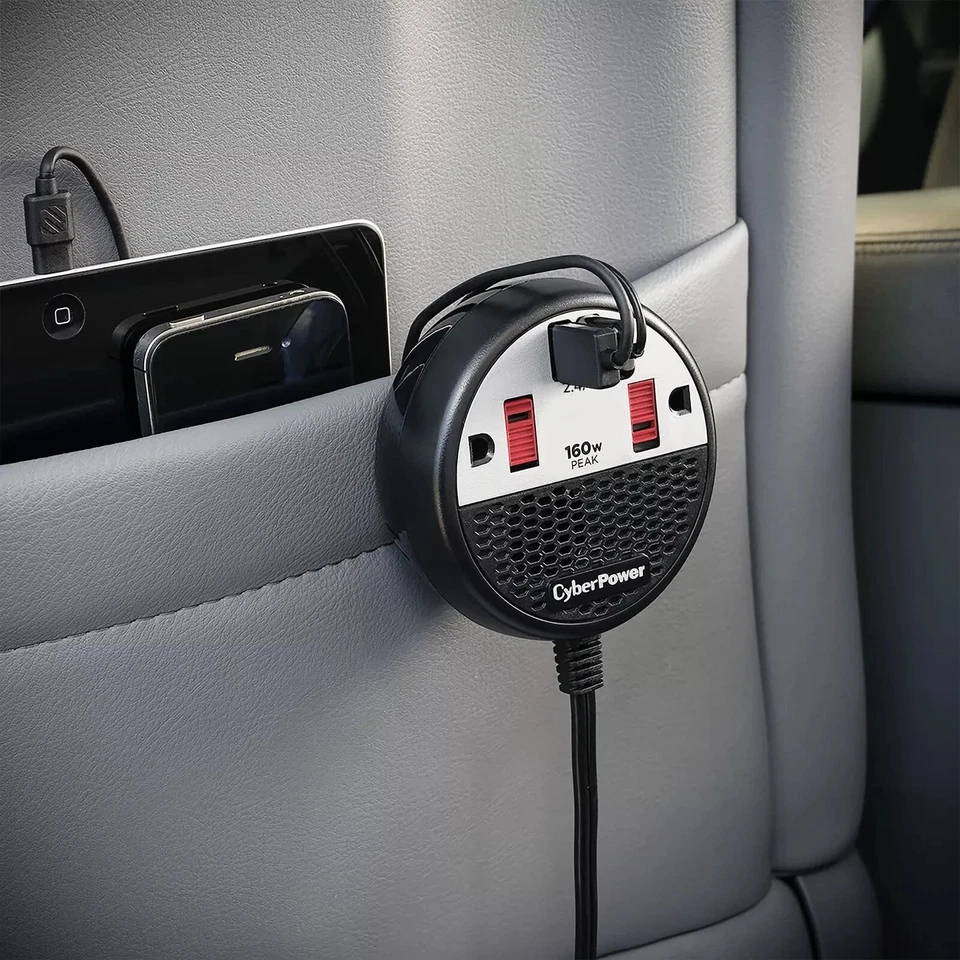 (NEW) CyberPower CPS160PPB2U 160 Power Inverter With 2 AC Outlets, Black/Red - Image 3 of 4