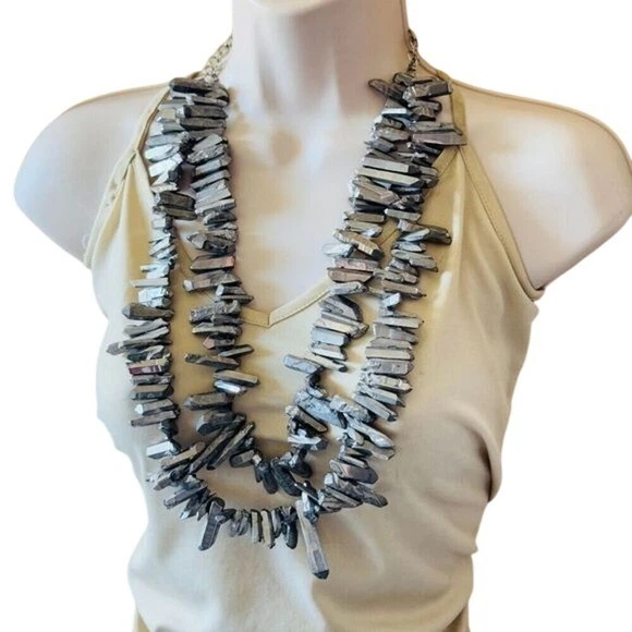 Collar Sassy Jones SJ Plata Punta Metálica Cuarzo Cuentas Declaración Pasarela 28" Foto 2 de 4