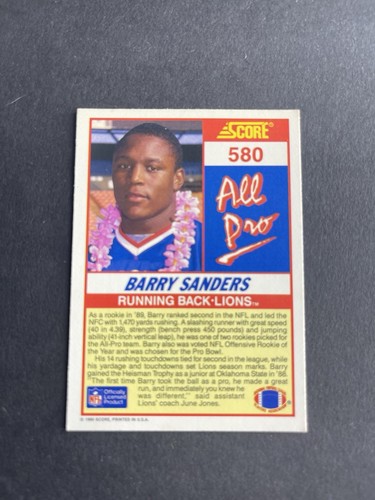 1990 Score All Pro Barry Sanders Detroit Lions Football Card #580 - Picture 2 of 2
