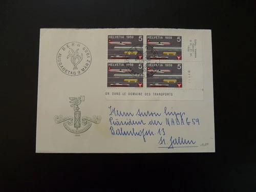 transports aviation train ship FDC Switzerland 1959 (block of 4)