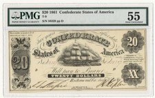 USA $20  Confederate States of America 1861  T9 PMG 55  RARE