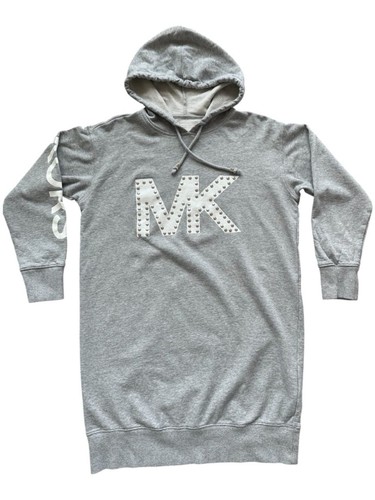 Michael Kors Hoodie Dress Small Gray Cotton Studded MK Logo Hooded Sweatshirt