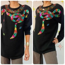 Vintage 80s Rainbow Embellished Christmas Sweater Sequin Beaded Holiday Party L