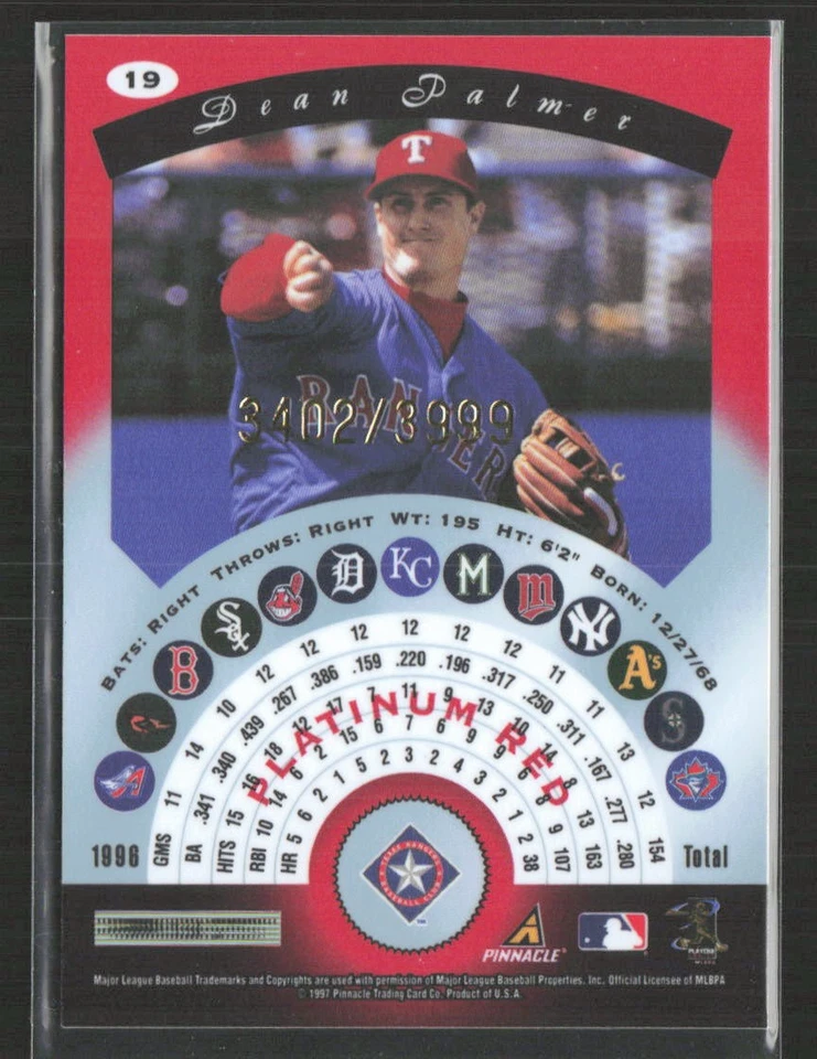 Dean Palmer 1997 Pinnacle Totally Certified #19 /3999 Texas Rangers - Image 2 of 2