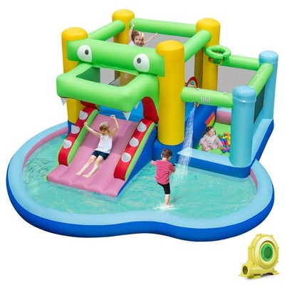 5-in-1 Inflatable Bounce House w/ Slide Splash Pool Ball Pit & Basket Hoop