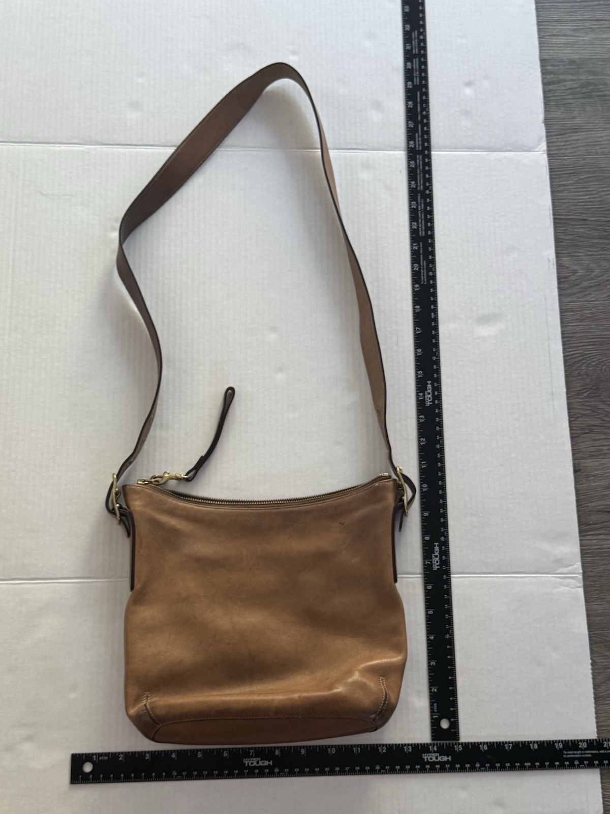 Coach Medium Tan Burnished Leather Shoulder Bag Gold Hardware Zip Closure