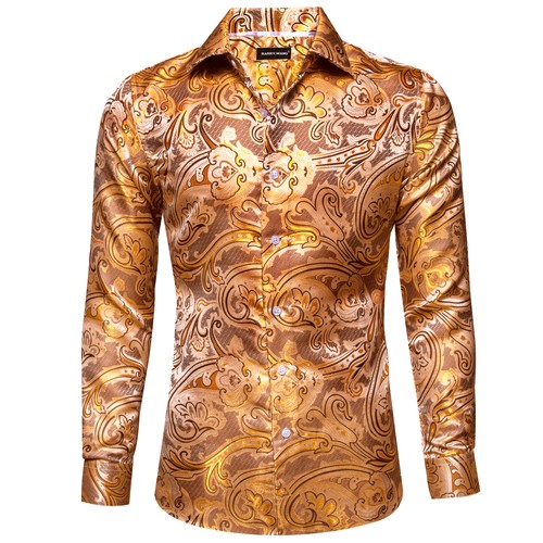 New Mens Silk Shirts Blue Red Grey Floral Dress Shirt Long Sleeve Button Down - Picture 12 of 169
