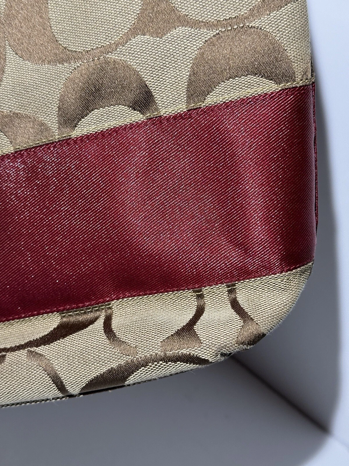 Borsa Coach Signature a righe kaki e cremisi tela pelle tote bag vintage nuova con etichetta