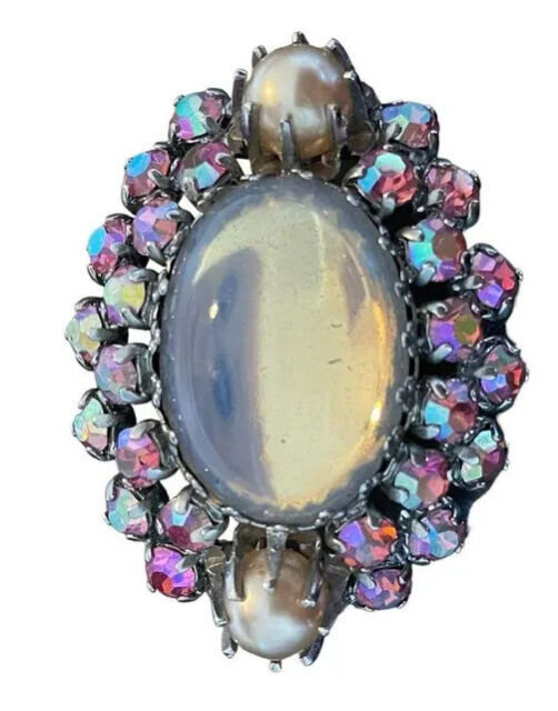Brooch Opalite With Pink Rhinestones Faux Pearls Silver Tone Vintage