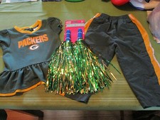 Green Bay Packers GIRLS CHEERLEADER DRESS  LINED PANTS sz.18 MONTH  2 POM-POMS