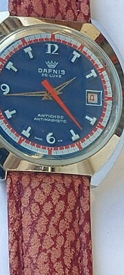 Vintage Dafnis De Luxe Uhr Herren blaues Zifferblatt Handaufzug Datum Swiss Made 38MM 