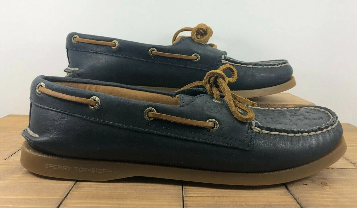 0583 SPERRY Top Sider women A O 2 Eye EMBOSSED LEATHER BOAT SHOES Navy 8M