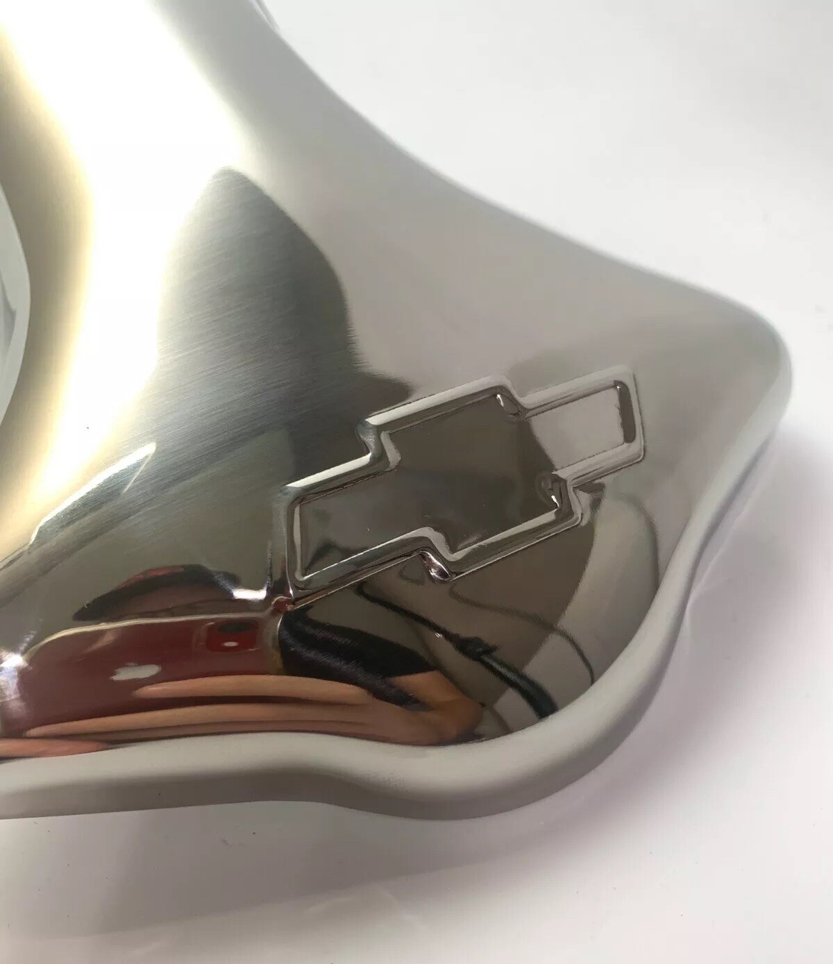 Chevy Bowtie Logo Muffler Exhaust Tail Pipe Deflector Shield - Polished Stainless Steel, Clam Shell Shape, Custom Hot Rod