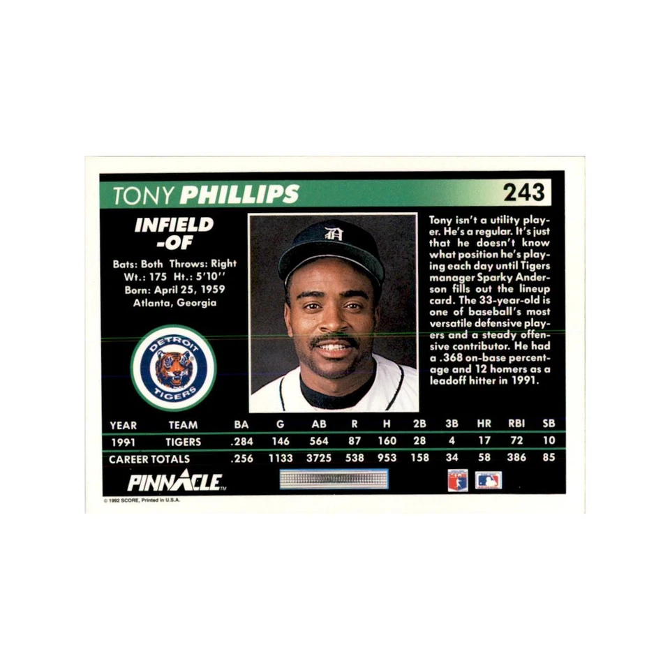 1992 Pinnacle Tony Phillips Baseball Cards #243 - Image 2 of 3