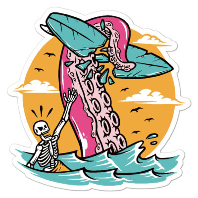 Octopus Surfer Skeleton, Vinyl Decal Sticker, Indoor Outdoor, 3 Sizes, #9178