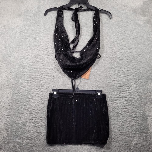Shien Black Silver Sequin Crop Top and Mini Skirt Set Drape Front Adjustable XS