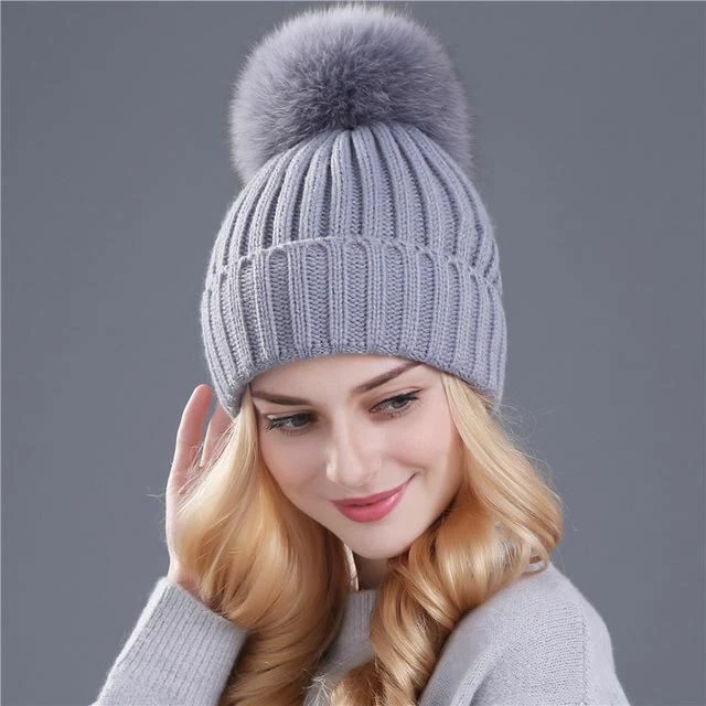 Fur ball cap pom poms winter hat for women girl 's hat knitted beanies cap  thick