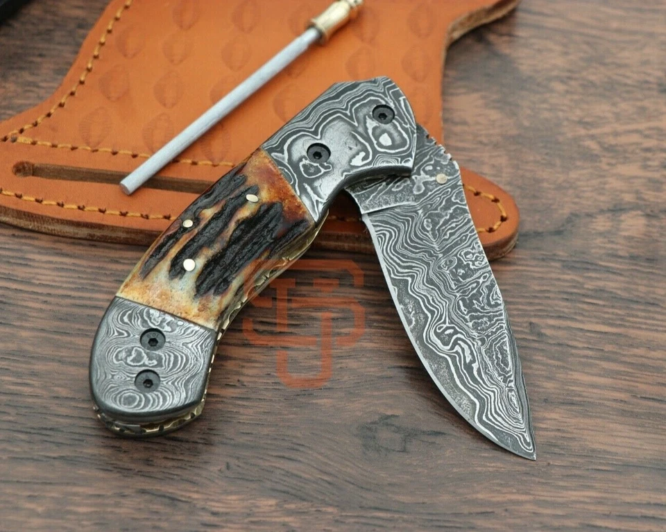 ✅ Cuchillo Plegable de Acero Damasco Genuino Cuerno de Ciervo Cuchillo de Bolsillo Pin de Mosaico EE. UU. Foto 4 de 4