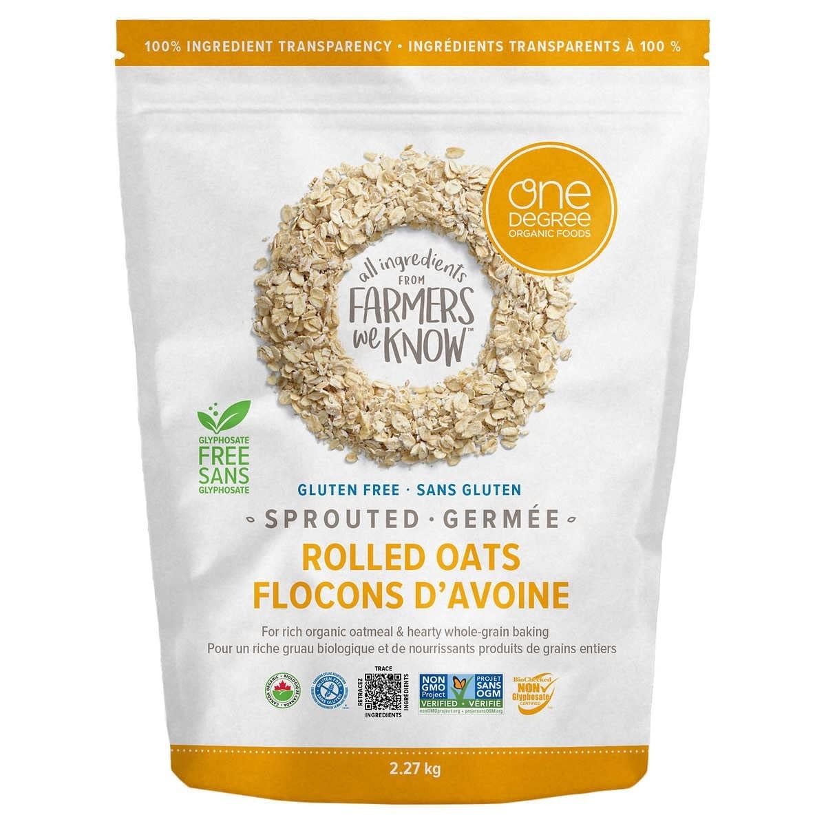 One Degree Organic Sprouted Rolled Oats, Gluten Free, 5 lbs (2.27kg) Bulk Bag