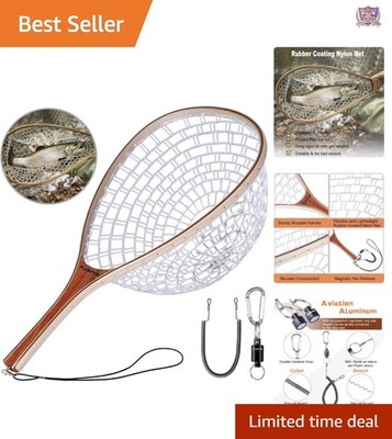 Fly Fishing Net Wooden Frame Soft Rubber Mesh Catch and Release Lightweight