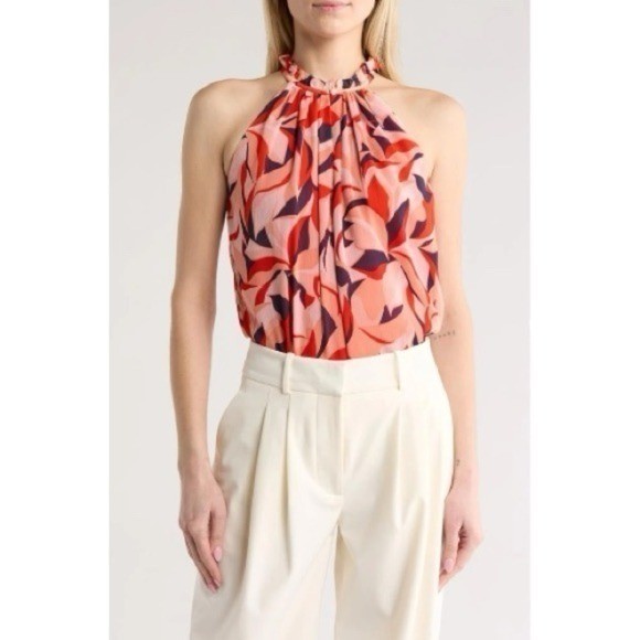New Ramy Brook Women's Cassy Woven Top in Flame Orange combro Size M