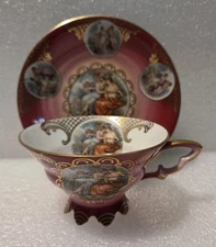 Mitterteich Bavaria Tea Cup Saucer Art Deco MCM Gold Burgundy Circa 1920 Antique