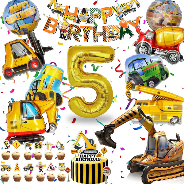 Baustellen Deko Kindergeburtstag 5, XXL Bagger Geburtstag Deko 5 Jahre, Luftball-image