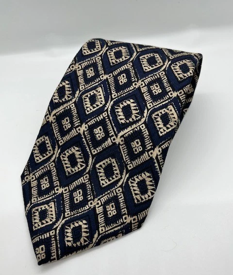 "Corbata de cuello Albert Nipon 100 % seda azul dorado geométrico diseñador de lujo 57,5"" x 4""" Foto 4 de 4