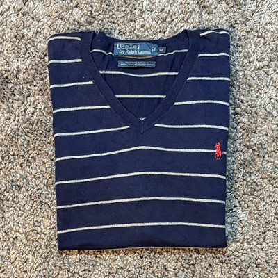 Polo by Ralph Lauren Herren Pullover M Blau/Weiß gestreift V-Ausschnitt