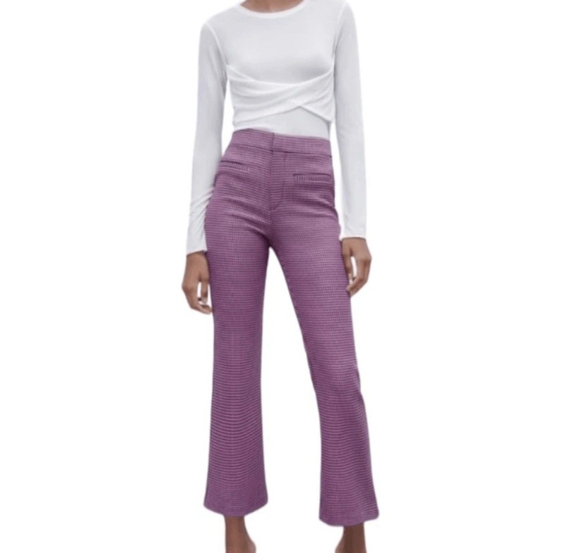 NWT ZARA HOUNDSTOOTH MINI FLARE PANTS Size Medium Pink/purple