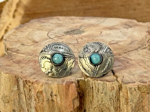 Vintage Navajo Sterling Stamped Concho w/Turquoise Screwback Earrings--2675.25
