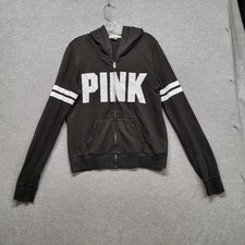 PINK Victoria's Secret Women Hoodie L Black Logo Activewear Stripe READ