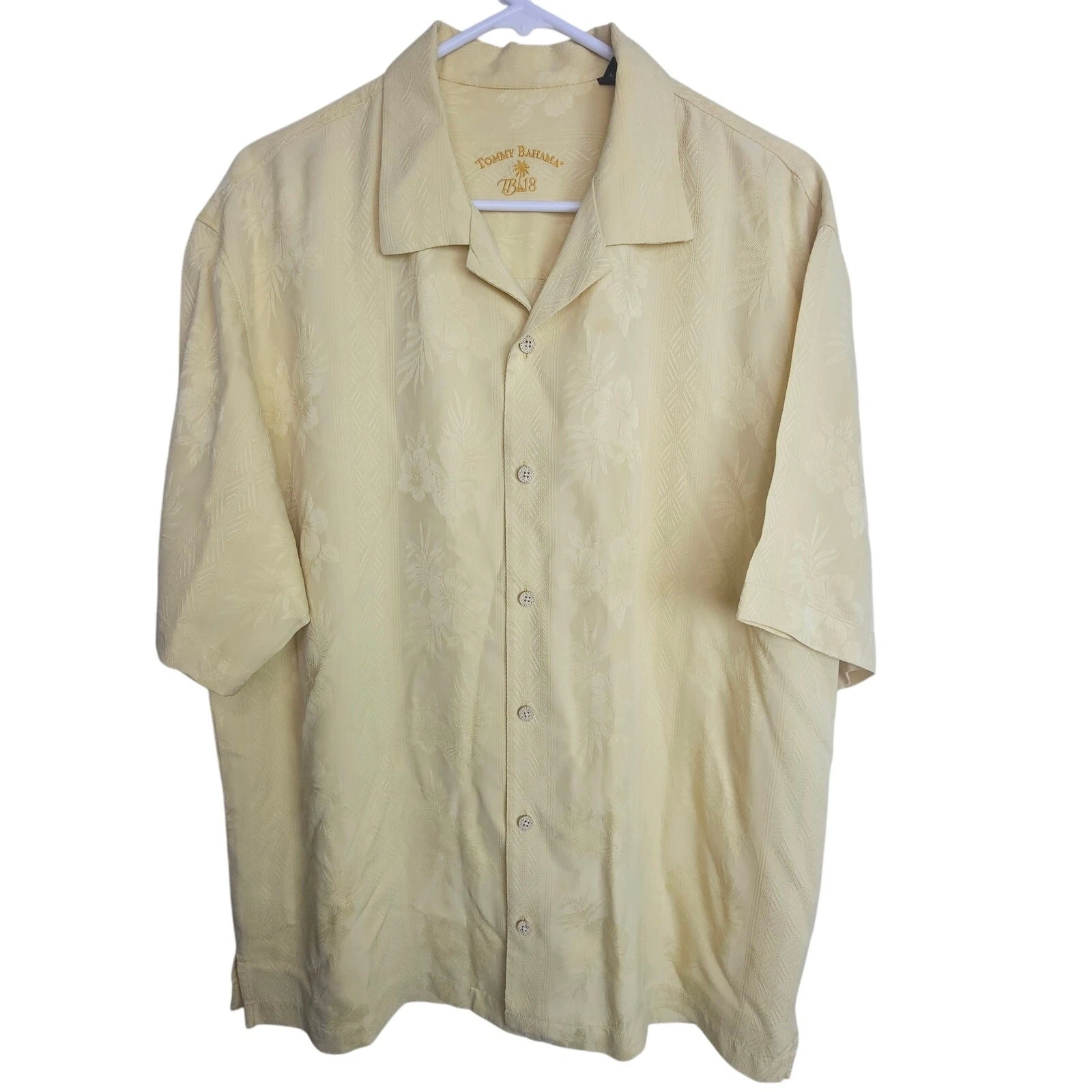 Tommy Bahama Hawaiian Shirt Men L Yellow Silk Floral Breathable Travel Resort