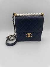 Chanel Chic Pearls Flap Bag Quilted Leather Iridescent Blue Gold Hardware