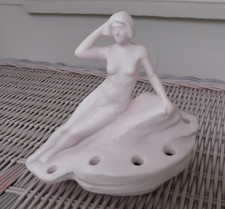 Vintage White Weller Pottery Flower Frog - Reclining Nude on Rock - 5-3/4" Tall
