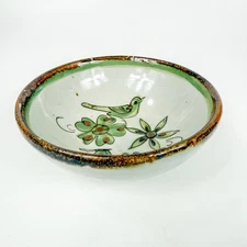 Ken Edwards Tonala Mexico Pottery Bird Floral Green Cereal Soup Bowl