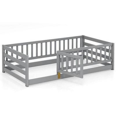 Twin Size Floor Bed w/High Fence & Door Safety Guardrails Wood Floor Bed Frame
