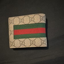 Gucci GG Monogram Logo Bifold Wallet Beige w/ Green Red Web Stripe