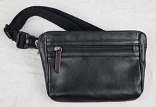 ILI New York Black Genuine Leather Slim Waist Bag Adjustable Strap RFID Lining