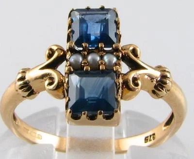 9K 9CT GOLD BLUE SAPPHIRE & PEARL ART DECO INS COCKTAIL RING FREE RESIZE - Image 1 of 4